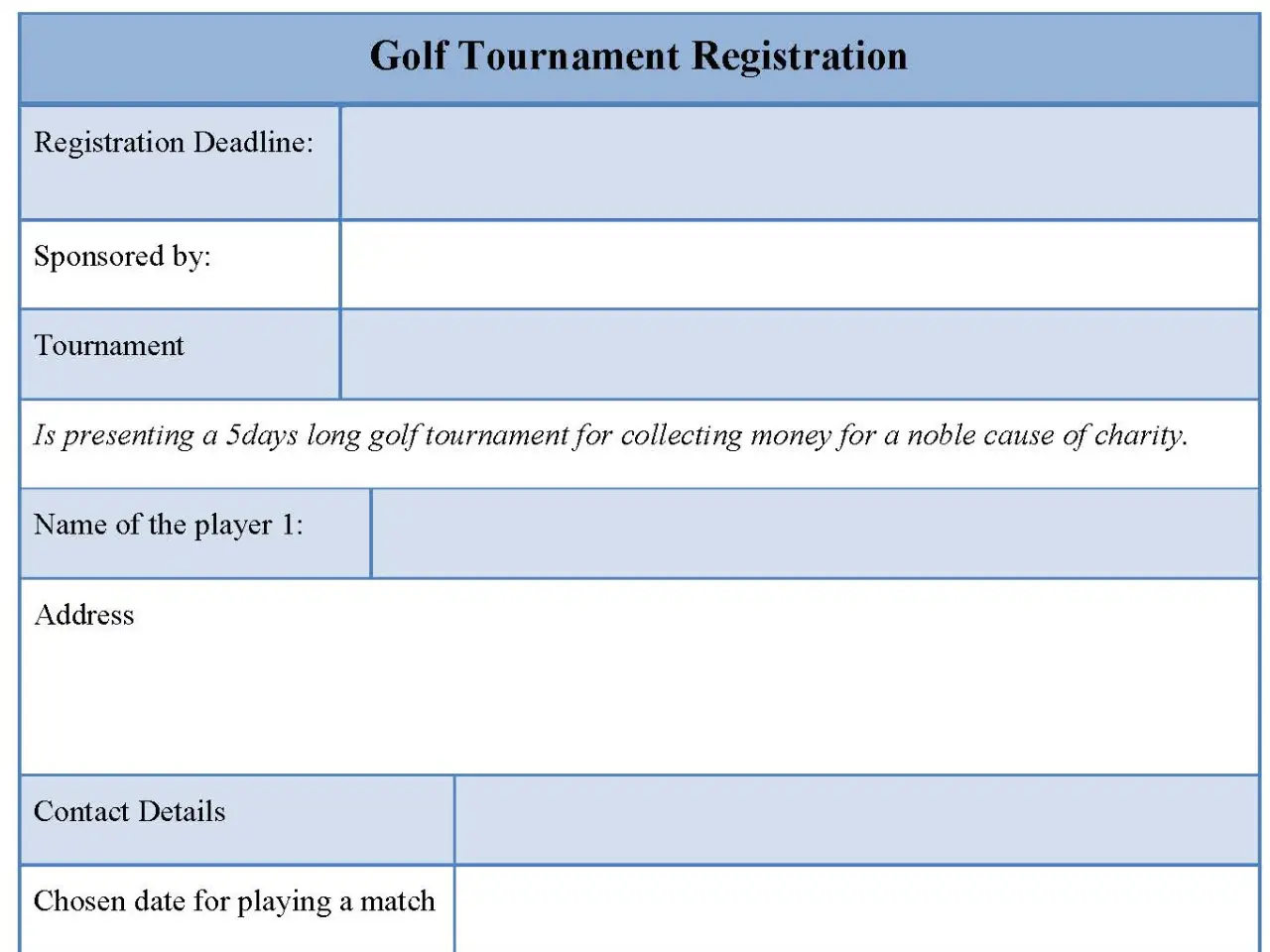 Golf Tournament Registration Fillable PDF Form