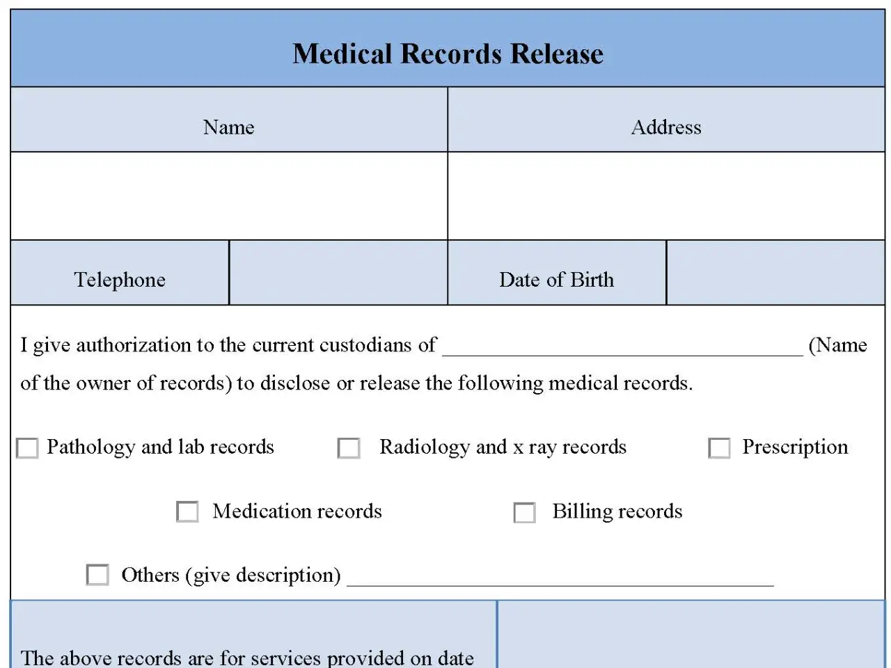 Medical Records Release Fillable PDF Form