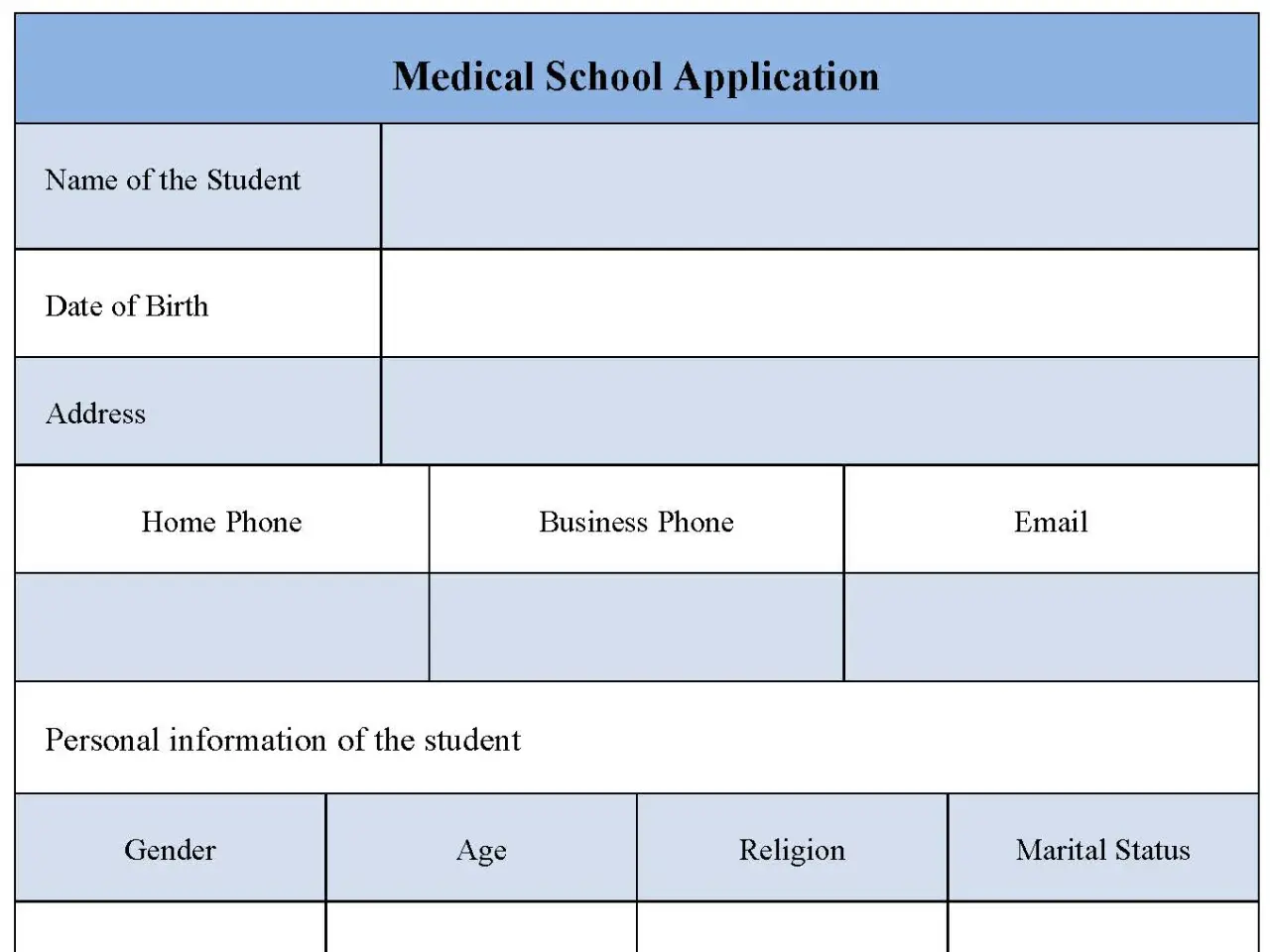 Medical School Application Fillable PDF Form