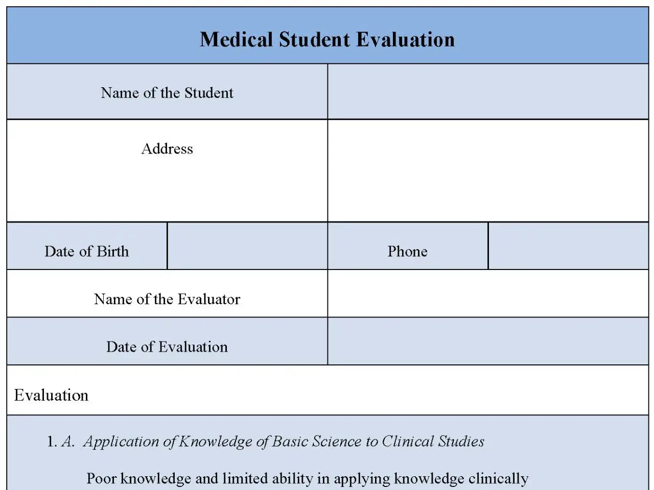 Medical Student Evaluation Fillable PDF Form