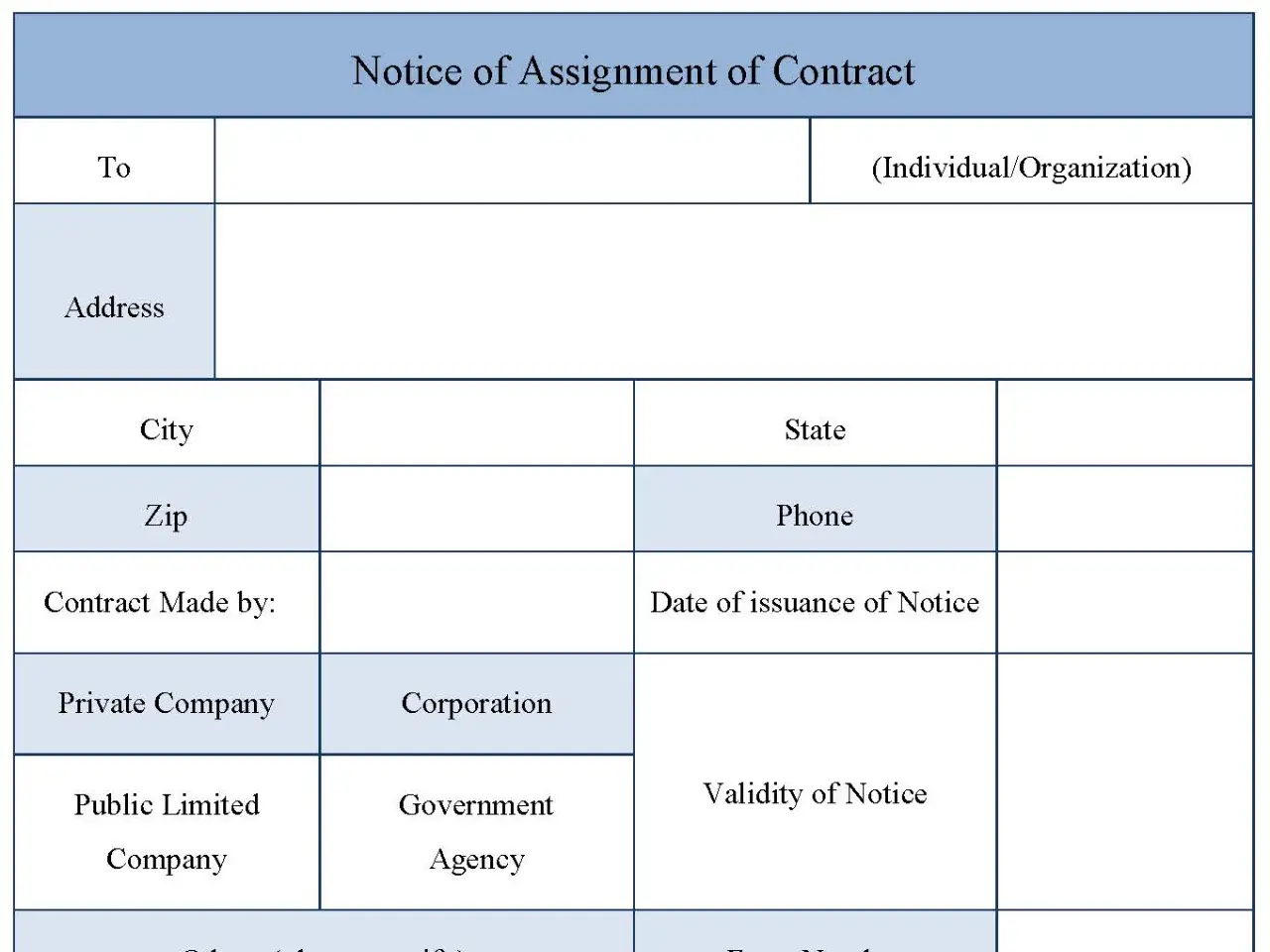 Notice of Assignment of Contract Fillable PDF Form