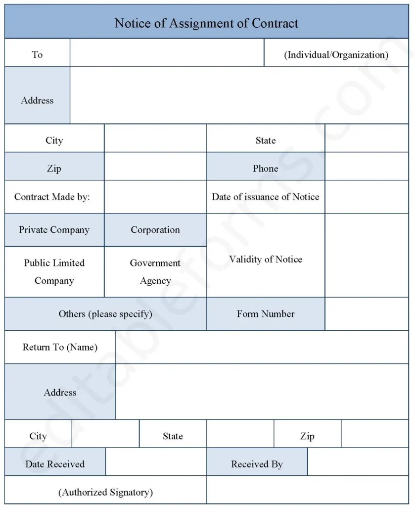 Notice of Assignment of Contract Fillable PDF Form