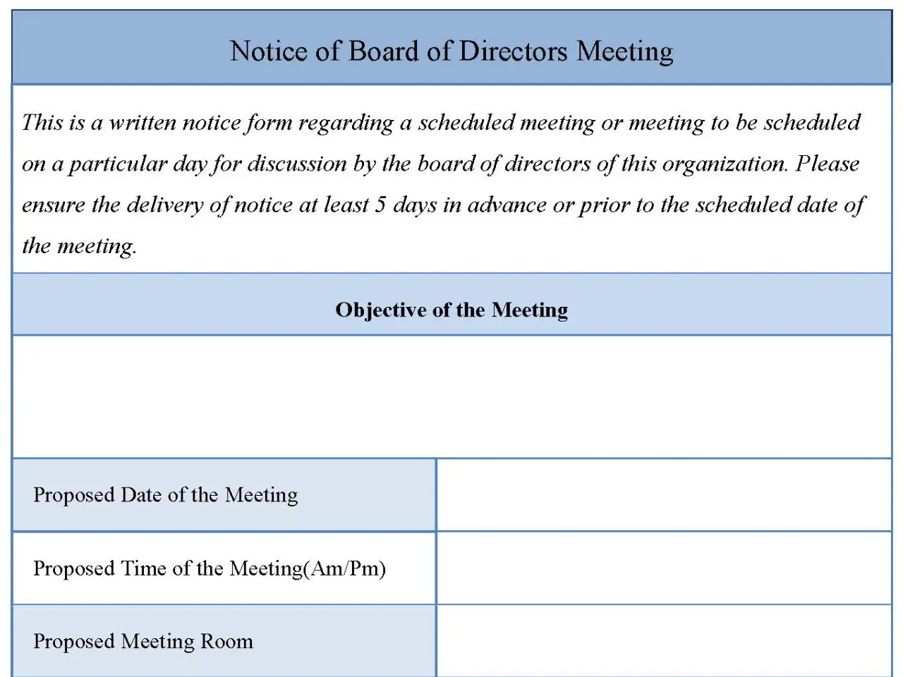 Notice of Board of Directors Meeting Form