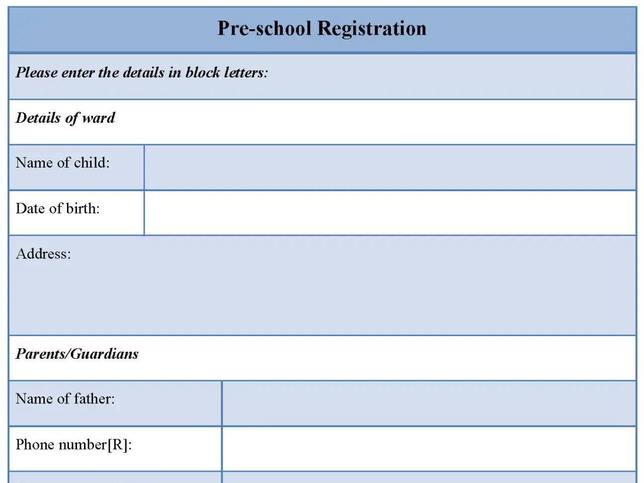 Pre-School Registration Fillable PDF Form