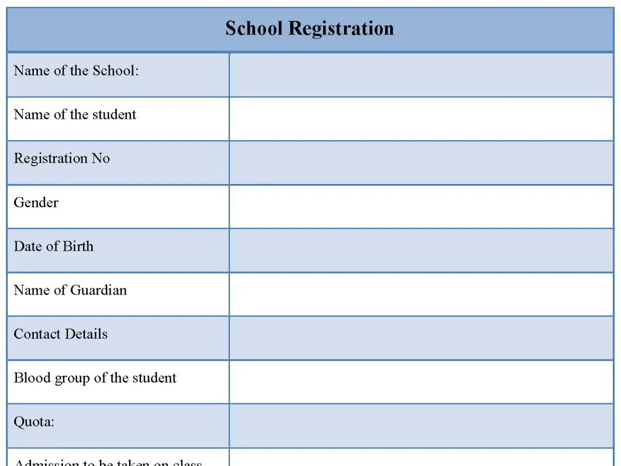 School Registration Fillable PDF Form