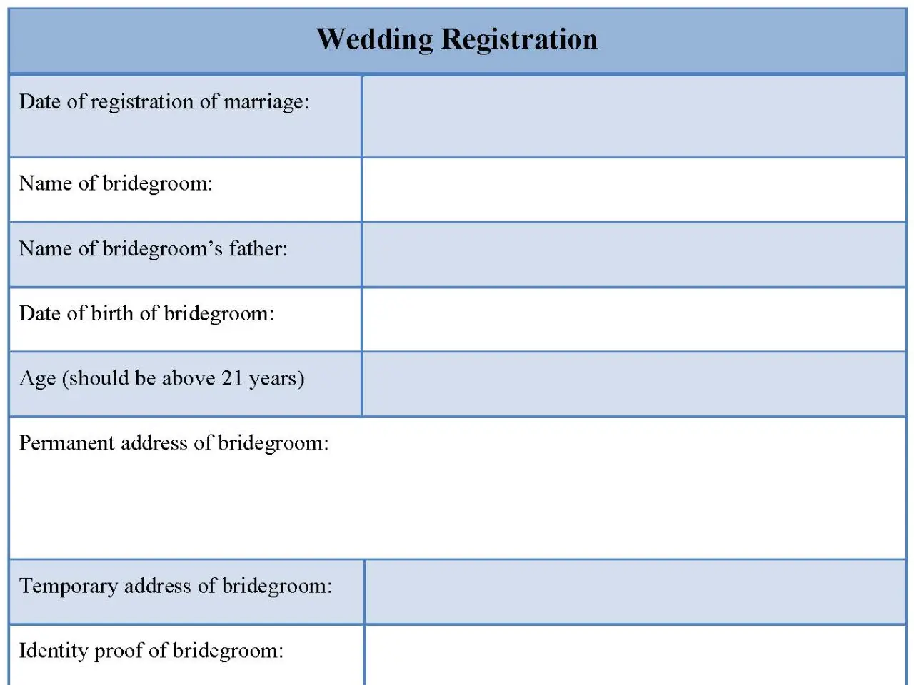 Wedding Registration Fillable PDF Form