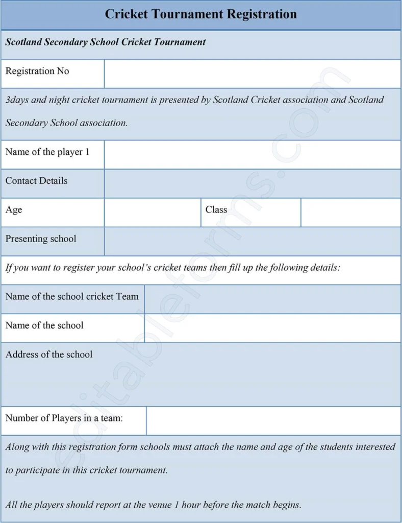 Cricket Tournament Registration Fillable PDF Form